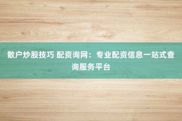 散户炒股技巧 配资询网：专业配资信息一站式查询服务平台